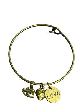 Bangle Charm Bracelet Antiqued Goldtone Love Heart Eye Made With Love